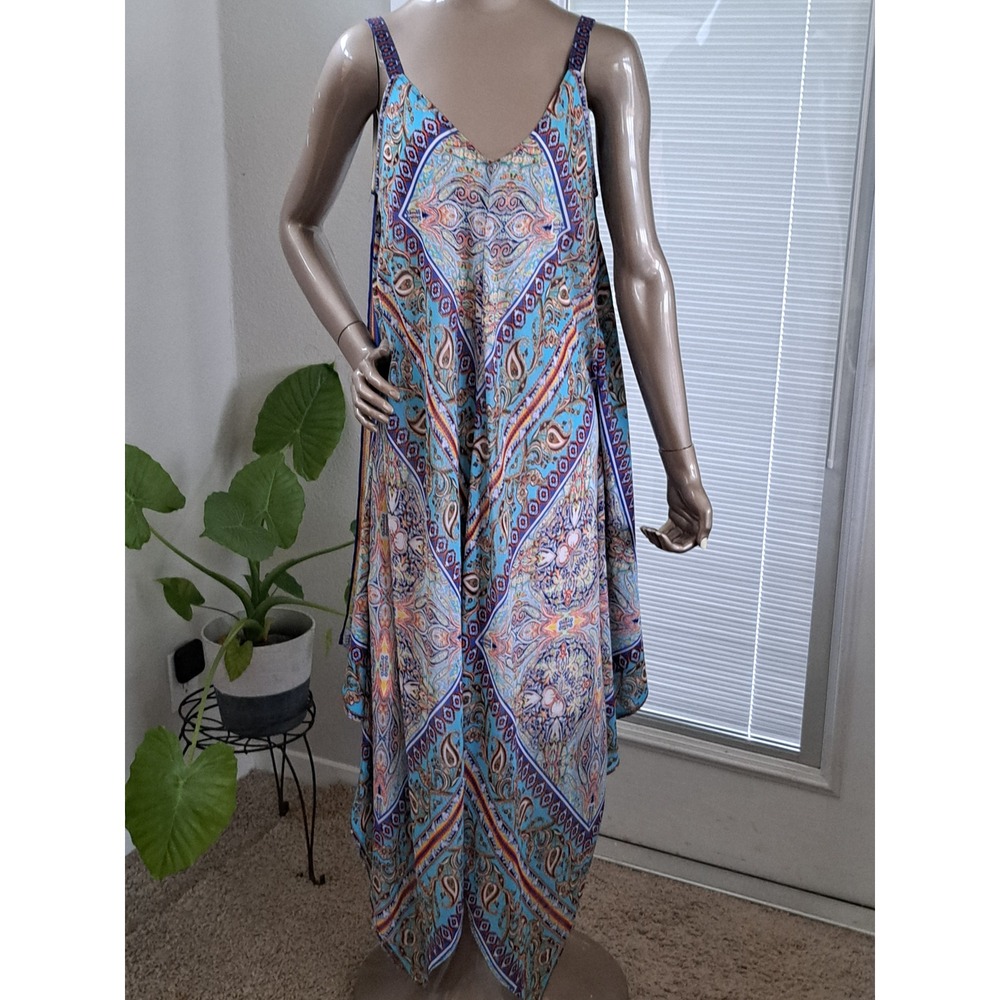 Boho Paisley Handkerchief Hem Maxi Dress Turquoise Orange Blue Sleeveless V-Neck